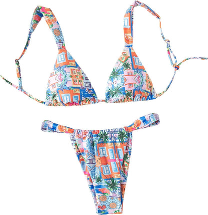 Women'S High Waisted Bikini Set Floral Print Spaghetti Strap Smocked Wireless Bathing Suit Swimsuit 2 Piece Set
