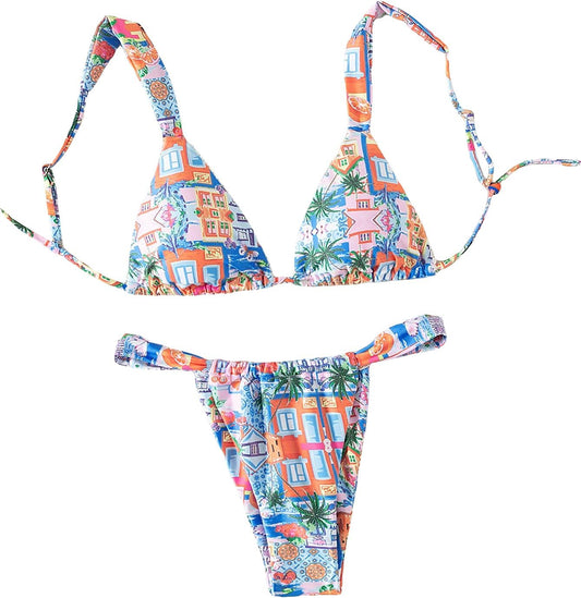 Women'S High Waisted Bikini Set Floral Print Spaghetti Strap Smocked Wireless Bathing Suit Swimsuit 2 Piece Set