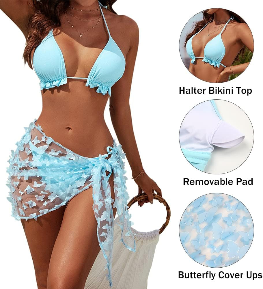 Womens 3 Piece Swimsuits Triangle Halter Thong Bikini Set Butterfly Bathing Suits Sarongs