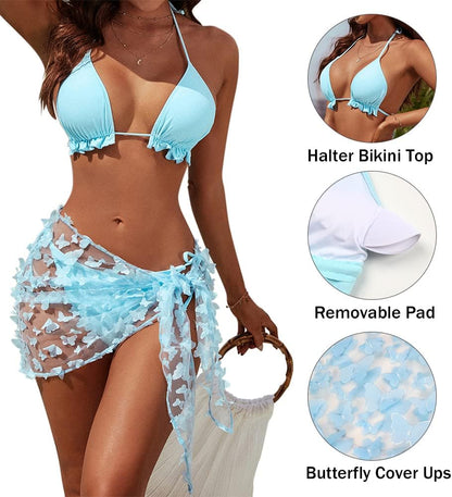 Womens 3 Piece Swimsuits Triangle Halter Thong Bikini Set Butterfly Bathing Suits Sarongs