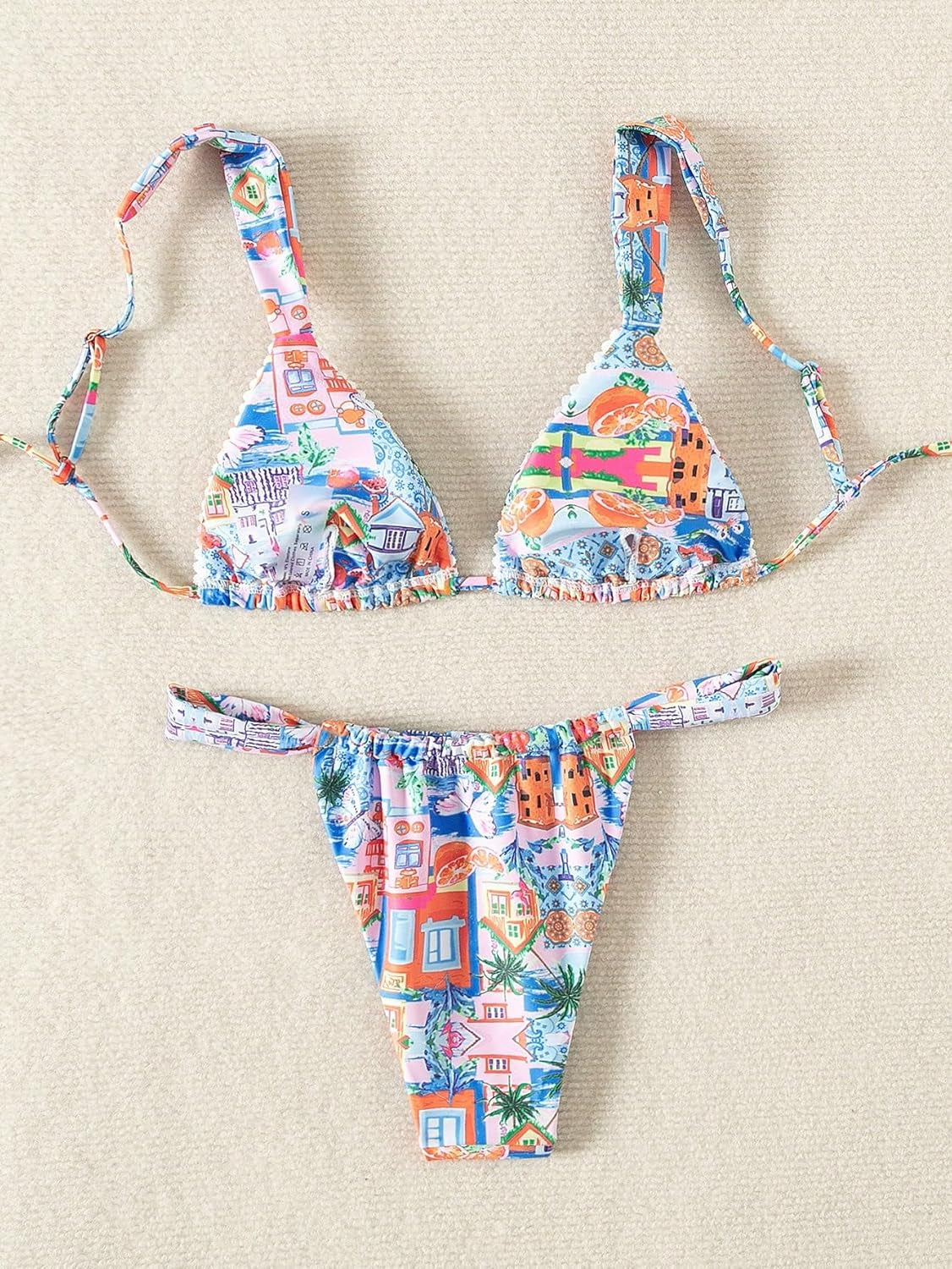 Women'S High Waisted Bikini Set Floral Print Spaghetti Strap Smocked Wireless Bathing Suit Swimsuit 2 Piece Set