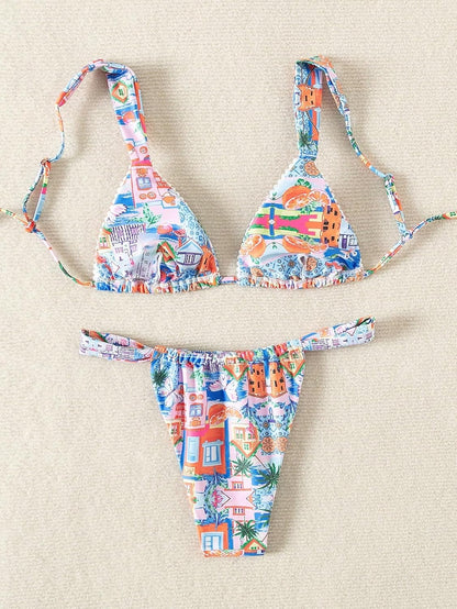 Women'S High Waisted Bikini Set Floral Print Spaghetti Strap Smocked Wireless Bathing Suit Swimsuit 2 Piece Set