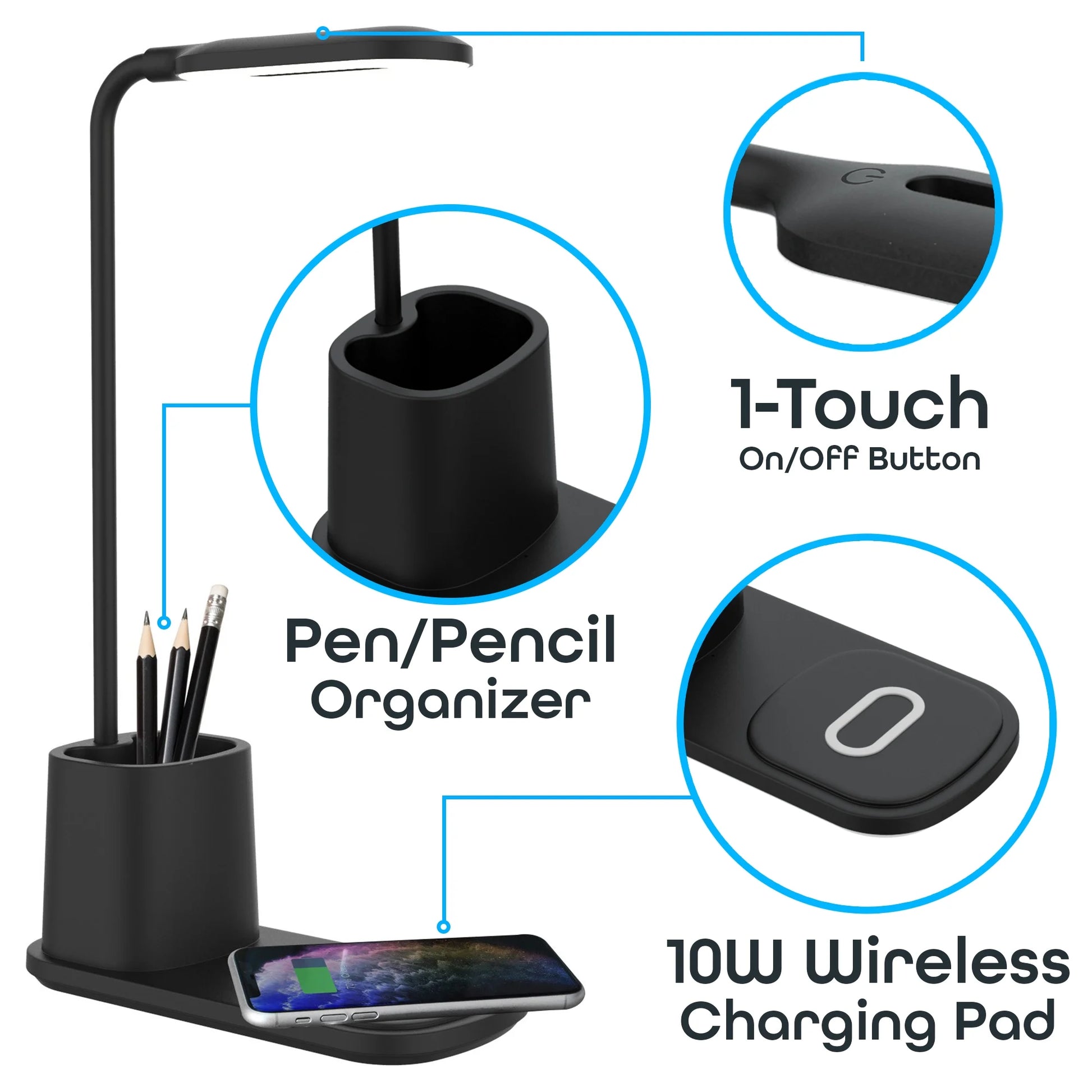 TIFOR U-Light LED Desk Lamp with Wireless Charger & Organizer Black