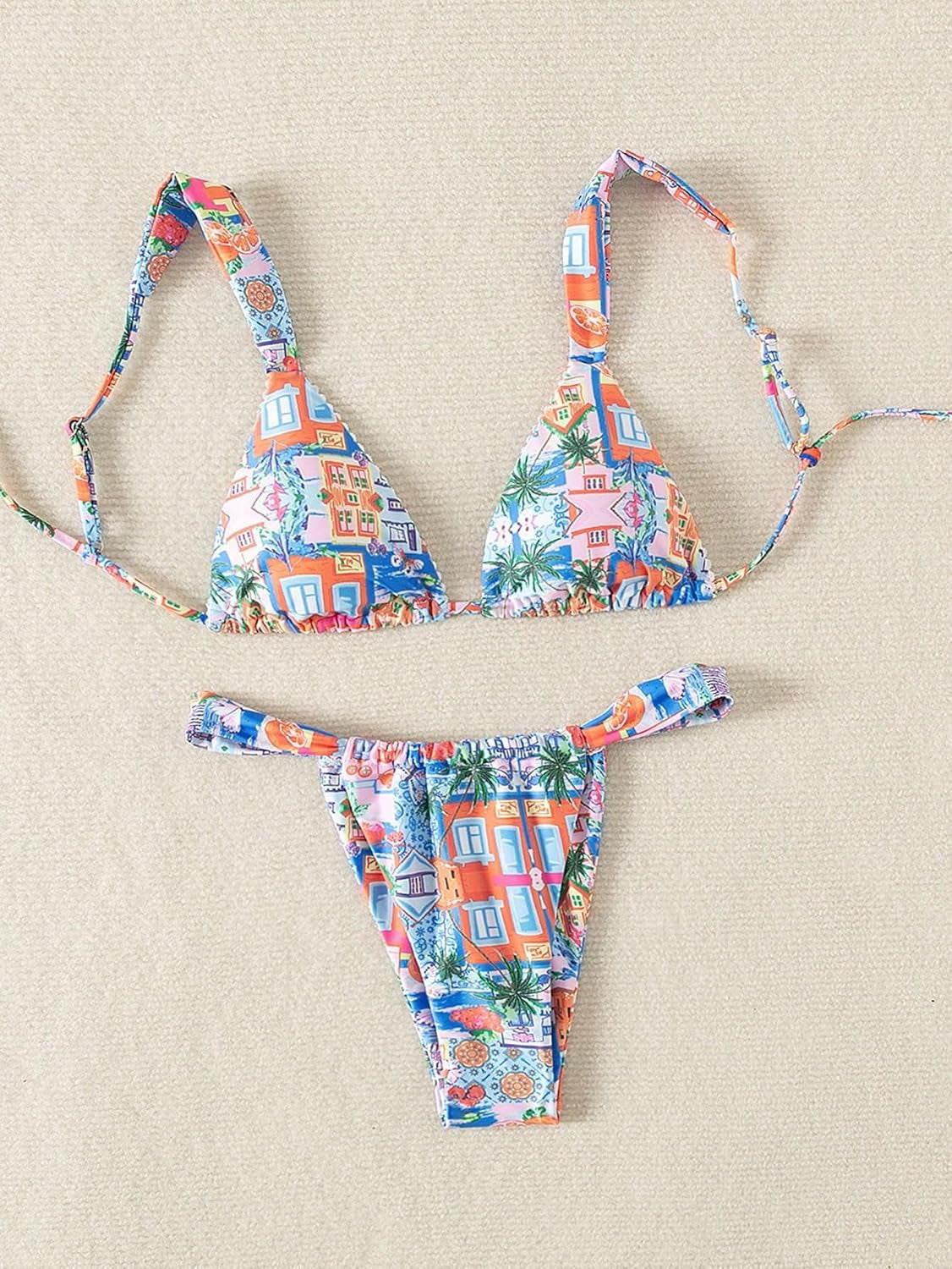 Women'S High Waisted Bikini Set Floral Print Spaghetti Strap Smocked Wireless Bathing Suit Swimsuit 2 Piece Set