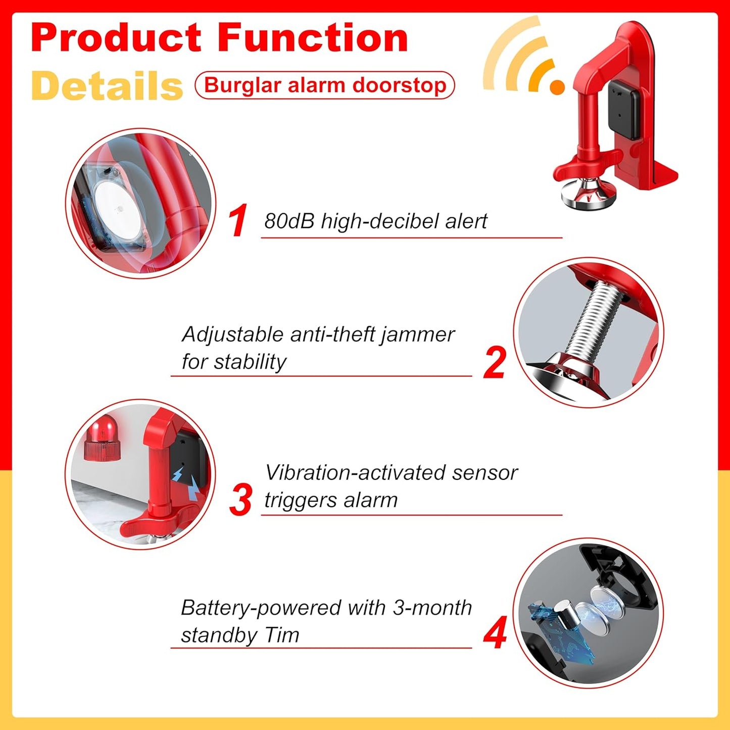 Portable Alarm Door Stopper - 80Db Anti-Theft Security Alarm Door Stoppers for Bottom of Door, Adjustable and Easy to Install for Home, Office, and Travel, Door Security Devices (Red)