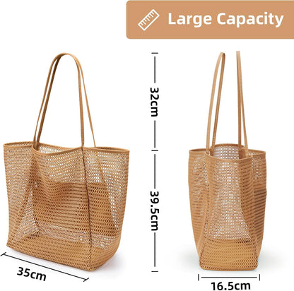 Beachnylon Mesh Tote Bag, Casual Tote Bag Hobo Women Foldable MAX 23L Shoulder Bag for Beach Picnic Vacation
