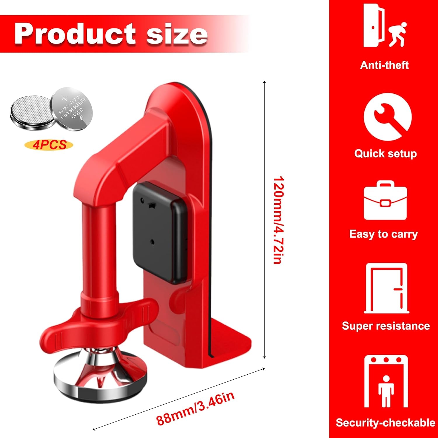 Portable Alarm Door Stopper - 80Db Anti-Theft Security Alarm Door Stoppers for Bottom of Door, Adjustable and Easy to Install for Home, Office, and Travel, Door Security Devices (Red)