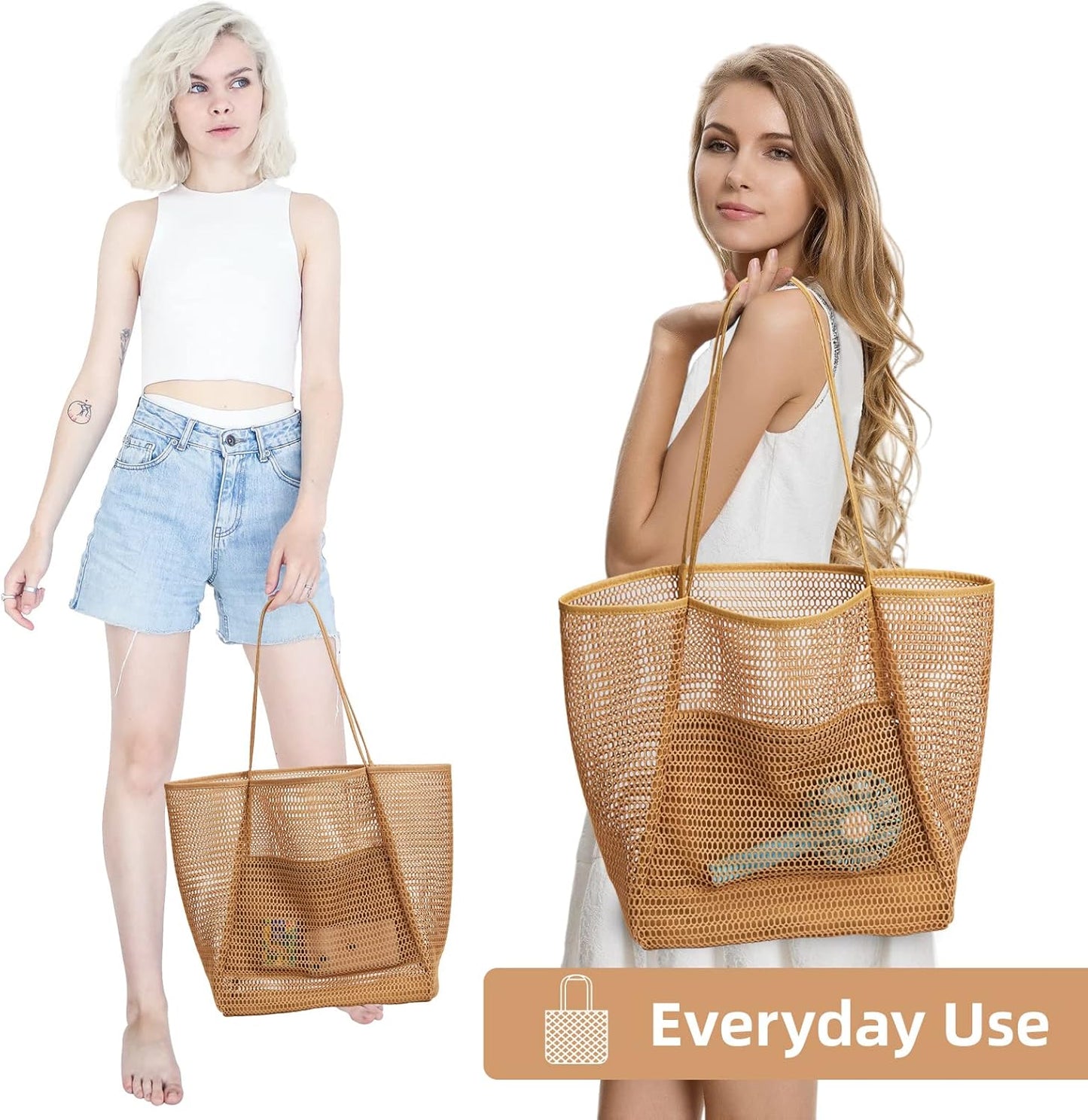 Beachnylon Mesh Tote Bag, Casual Tote Bag Hobo Women Foldable MAX 23L Shoulder Bag for Beach Picnic Vacation